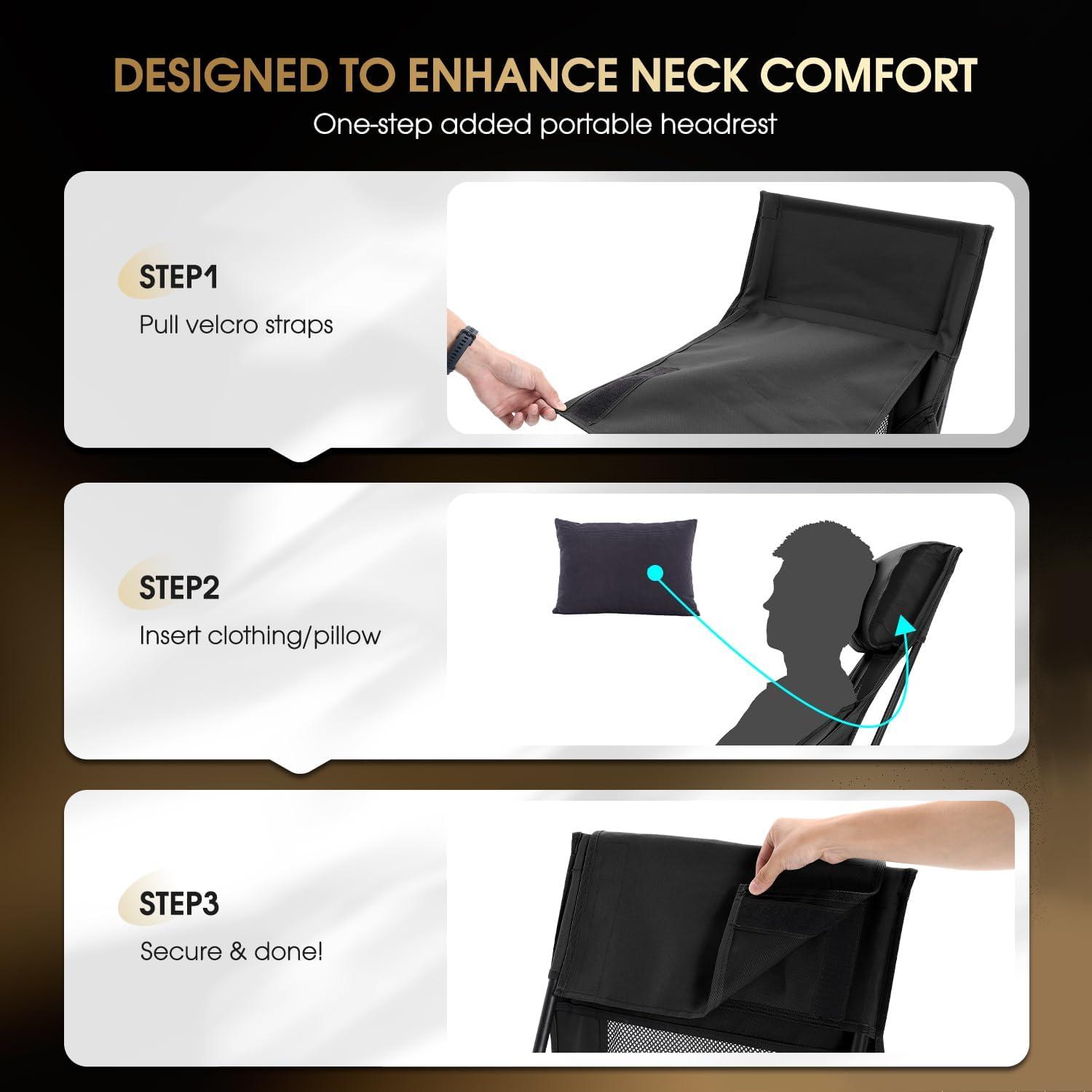 image:imageMOON LENCE High Back Folding Camping Chair 330lbs Portable Compact Chair with Wide Seat amp Ergonomic Back Support BlackKhaki