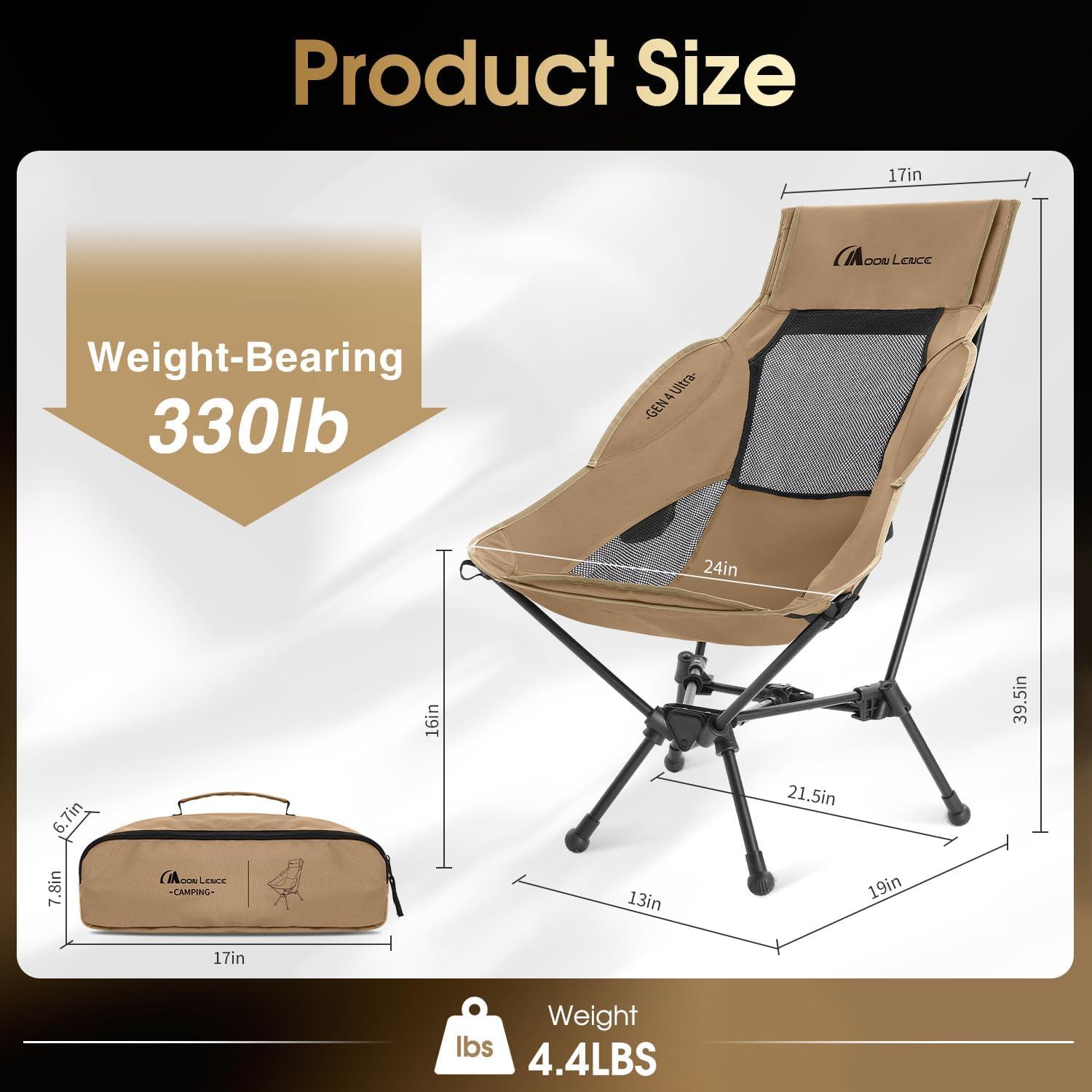 image:imageMOON LENCE High Back Folding Camping Chair 330lbs Portable Compact Chair with Wide Seat amp Ergonomic Back Support BlackKhaki