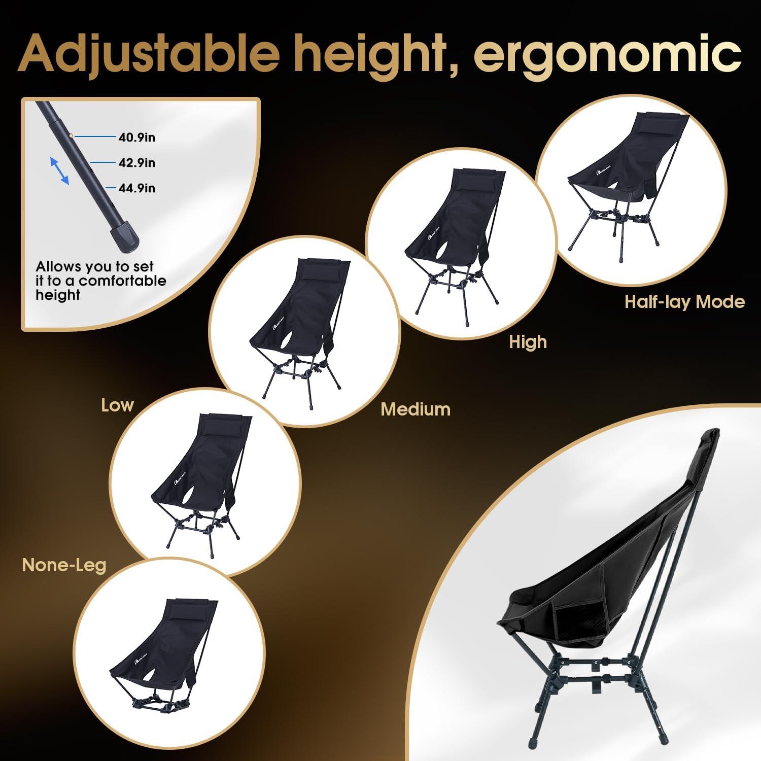 image:imageMOON LENCE High Back Folding Camping Chairs HeightAdjustable Widened Seat for Beach with AntiSinking FeetNew Black 1 Pack