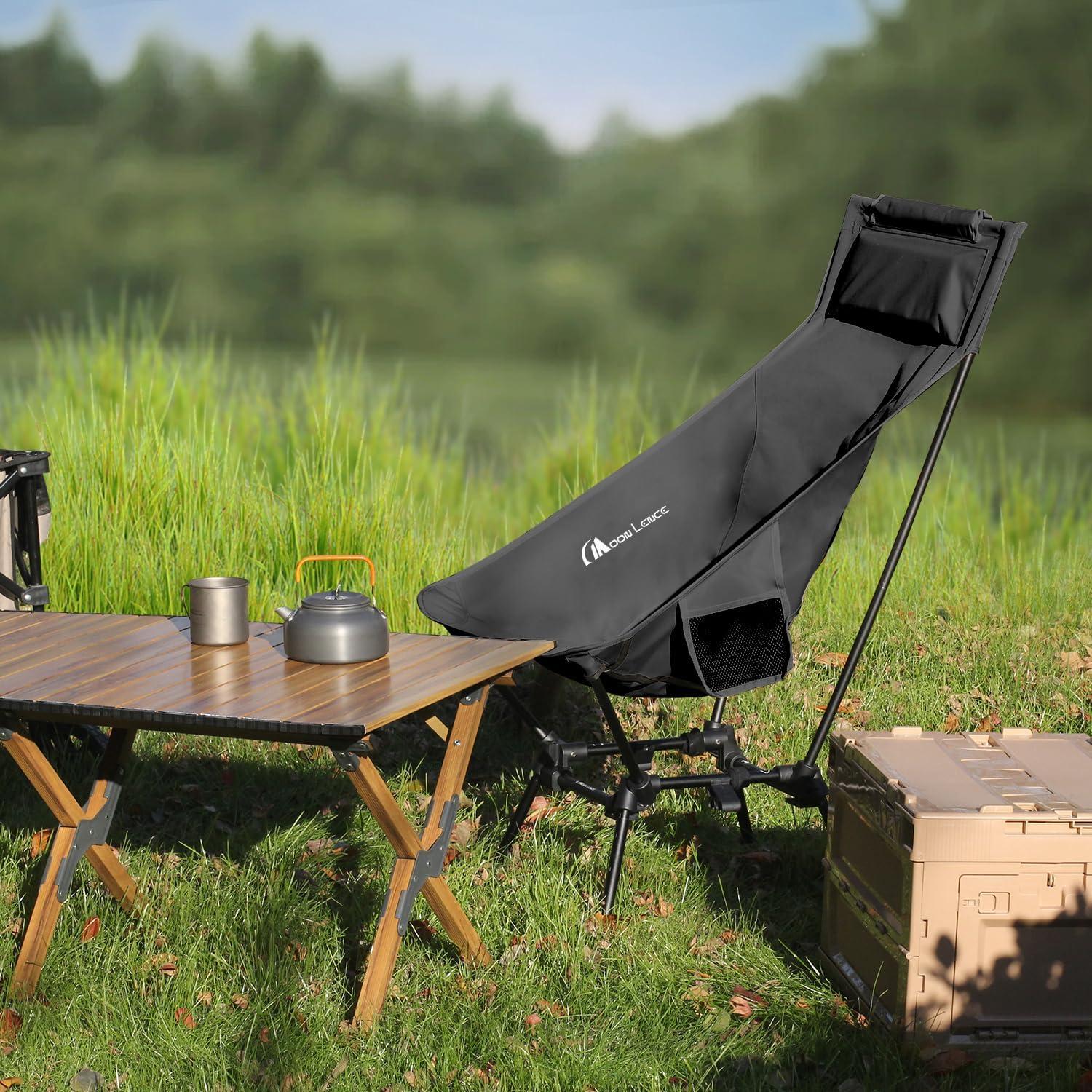 image:imageMOON LENCE High Back Folding Camping Chairs HeightAdjustable Widened Seat for Beach with AntiSinking FeetNew Black 1 Pack