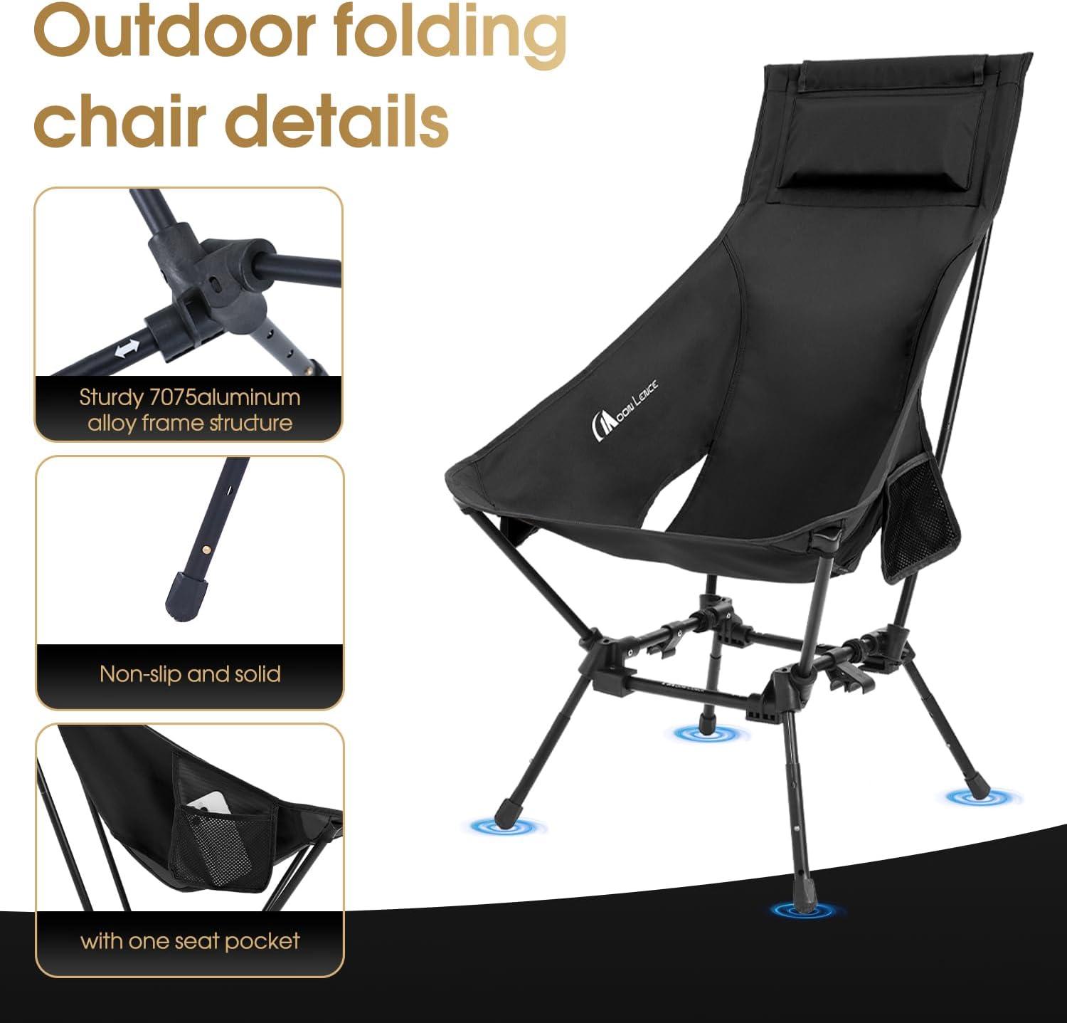 image:imageMOON LENCE High Back Folding Camping Chairs HeightAdjustable Widened Seat for Beach with AntiSinking FeetNew Black 1 Pack