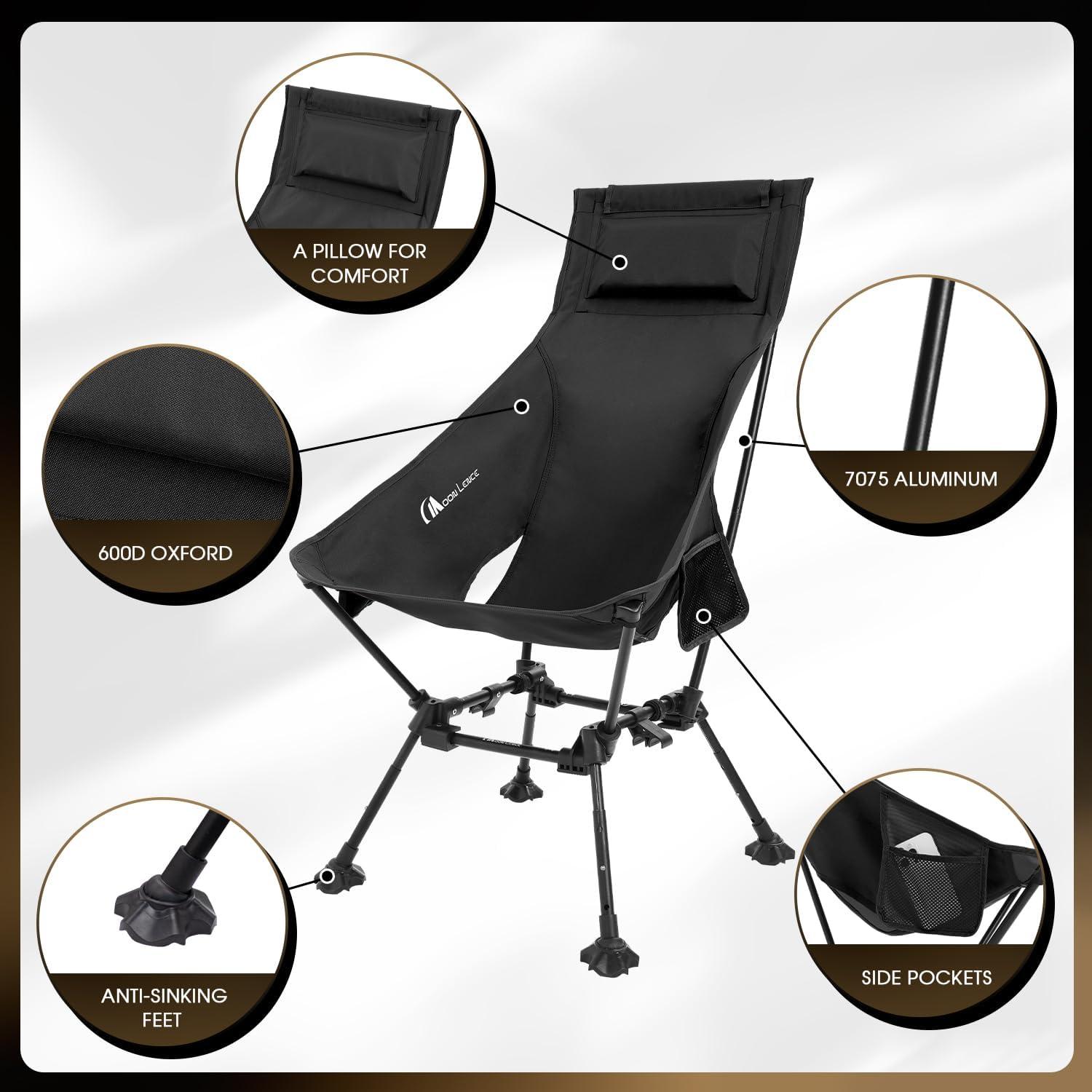 image:imageMOON LENCE High Back Folding Camping Chairs HeightAdjustable Widened Seat for Beach with AntiSinking FeetNew Black With Feet 1 Pack