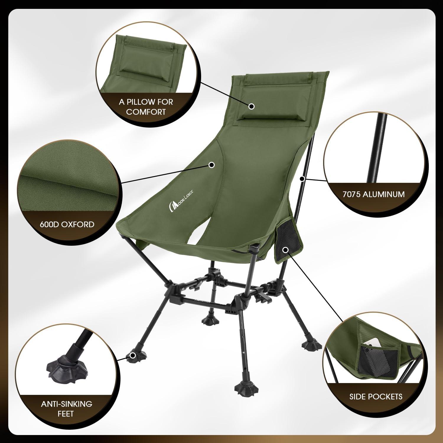 image:imageMOON LENCE High Back Folding Camping Chairs HeightAdjustable Widened Seat for Beach with AntiSinking FeetNew Green With Feet 1 Pack