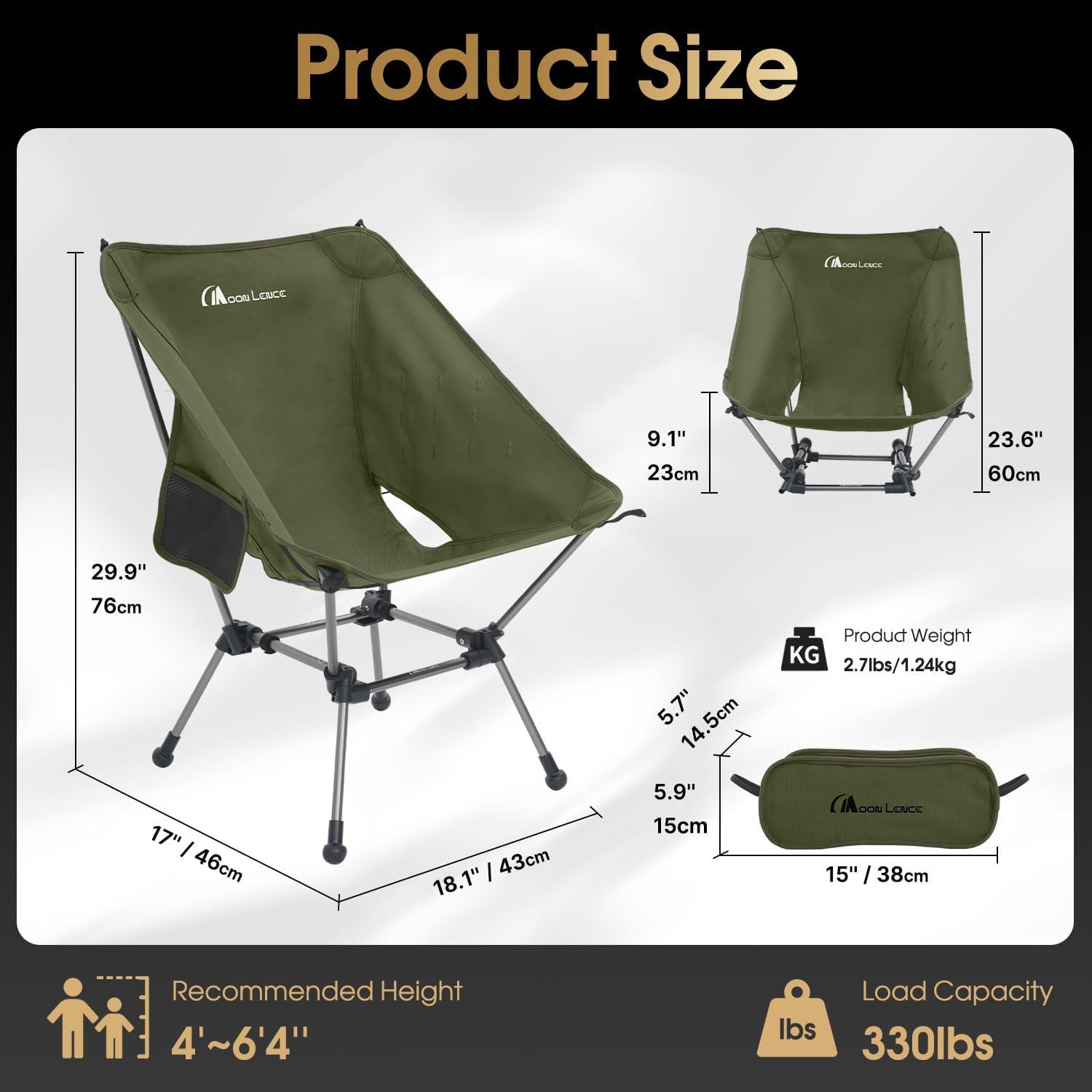 image:imageMOON LENCE Portable Camping Chair Plus Larger amp Roomier Compact and Lightweight Still Folding Chair for Backpacking amp Hiking 330Lbs Capacity Moss GreenMoss Green2pack