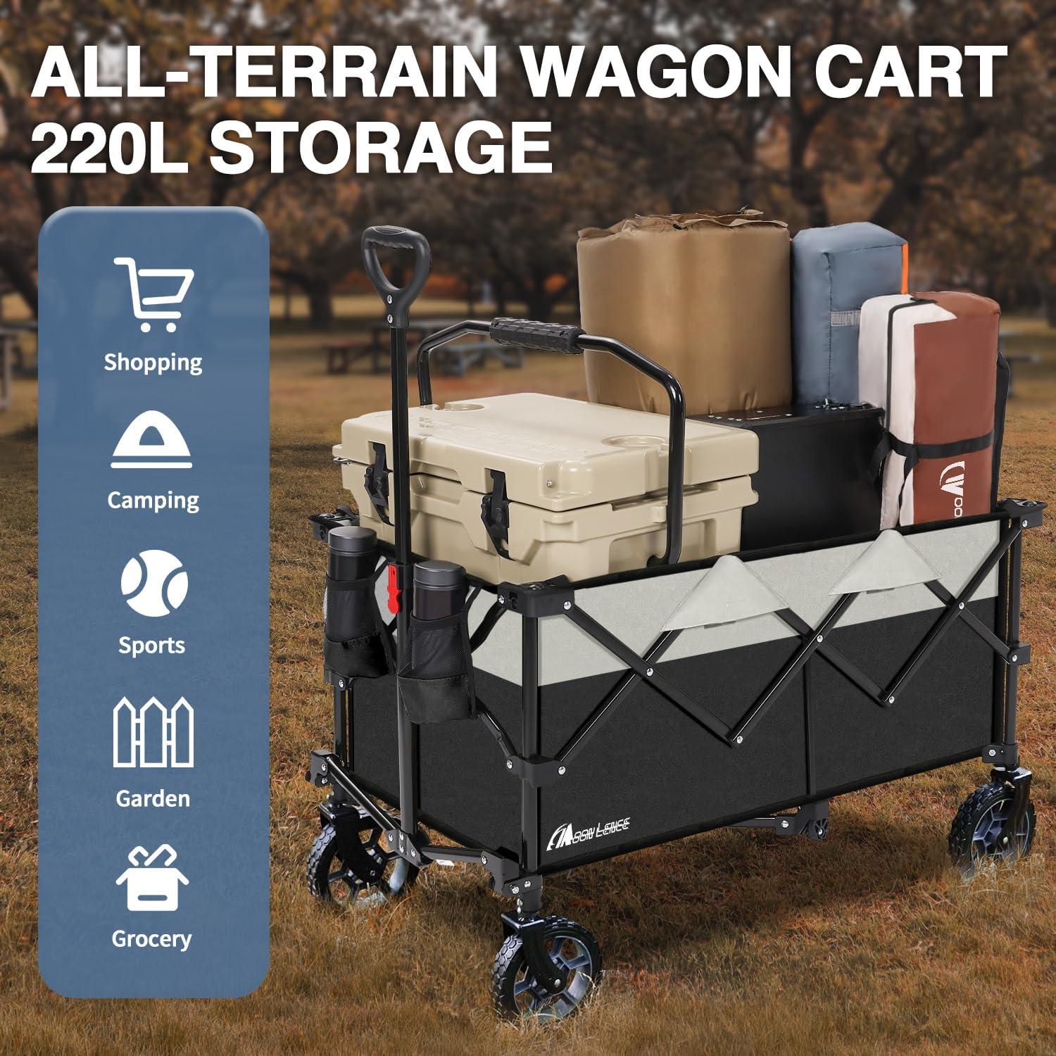image:imageMoon Lence Collapsible Folding Wagon Cart Heavy Duty Folding Garden Portable Hand Cart with AllTerrain Beach Wheels Adjustable Handle amp Drink Holders Black amp Ivory