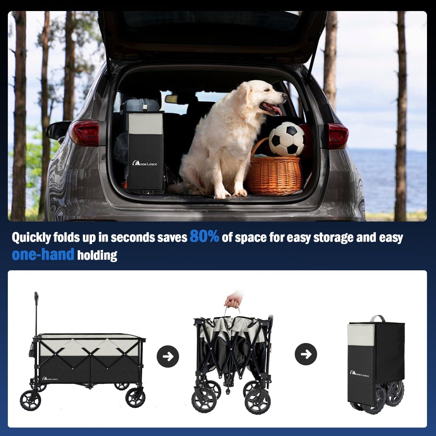 image:imageMoon Lence Collapsible Folding Wagon Cart Heavy Duty Folding Garden Portable Hand Cart with AllTerrain Beach Wheels Adjustable Handle amp Drink Holders Black amp Ivory