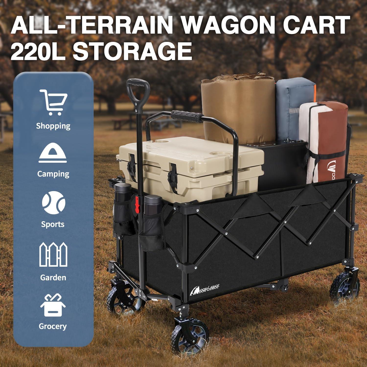 image:imageMoon Lence Collapsible Folding Wagon Cart Heavy Duty Folding Garden Portable Hand Cart with AllTerrain Beach Wheels Adjustable Handle amp Drink Holders Black