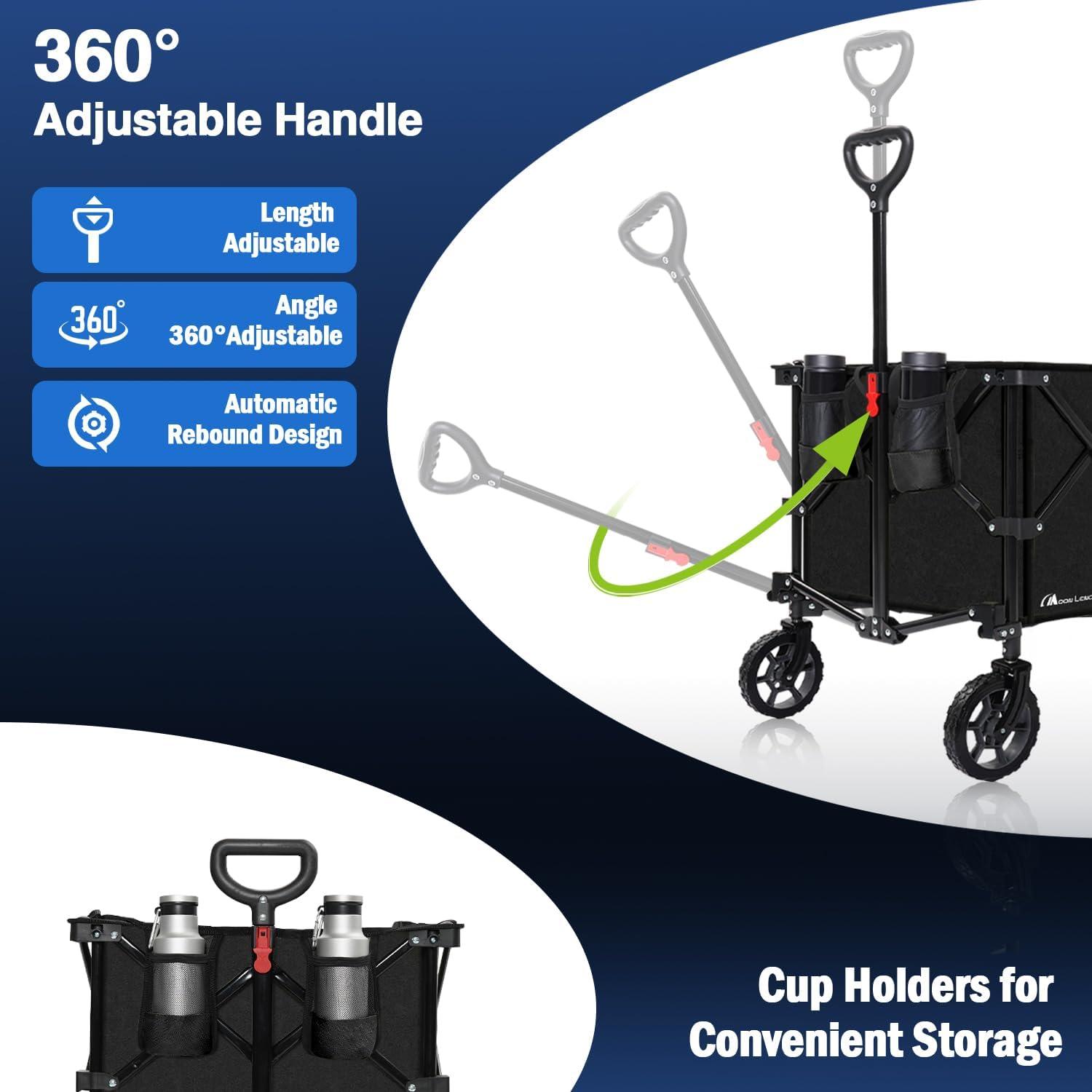 image:imageMoon Lence Collapsible Folding Wagon Cart Heavy Duty Folding Garden Portable Hand Cart with AllTerrain Beach Wheels Adjustable Handle amp Drink Holders Black