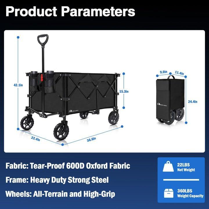 image:imageMoon Lence Collapsible Folding Wagon Cart Heavy Duty Folding Garden Portable Hand Cart with AllTerrain Beach Wheels Adjustable Handle amp Drink Holders Black