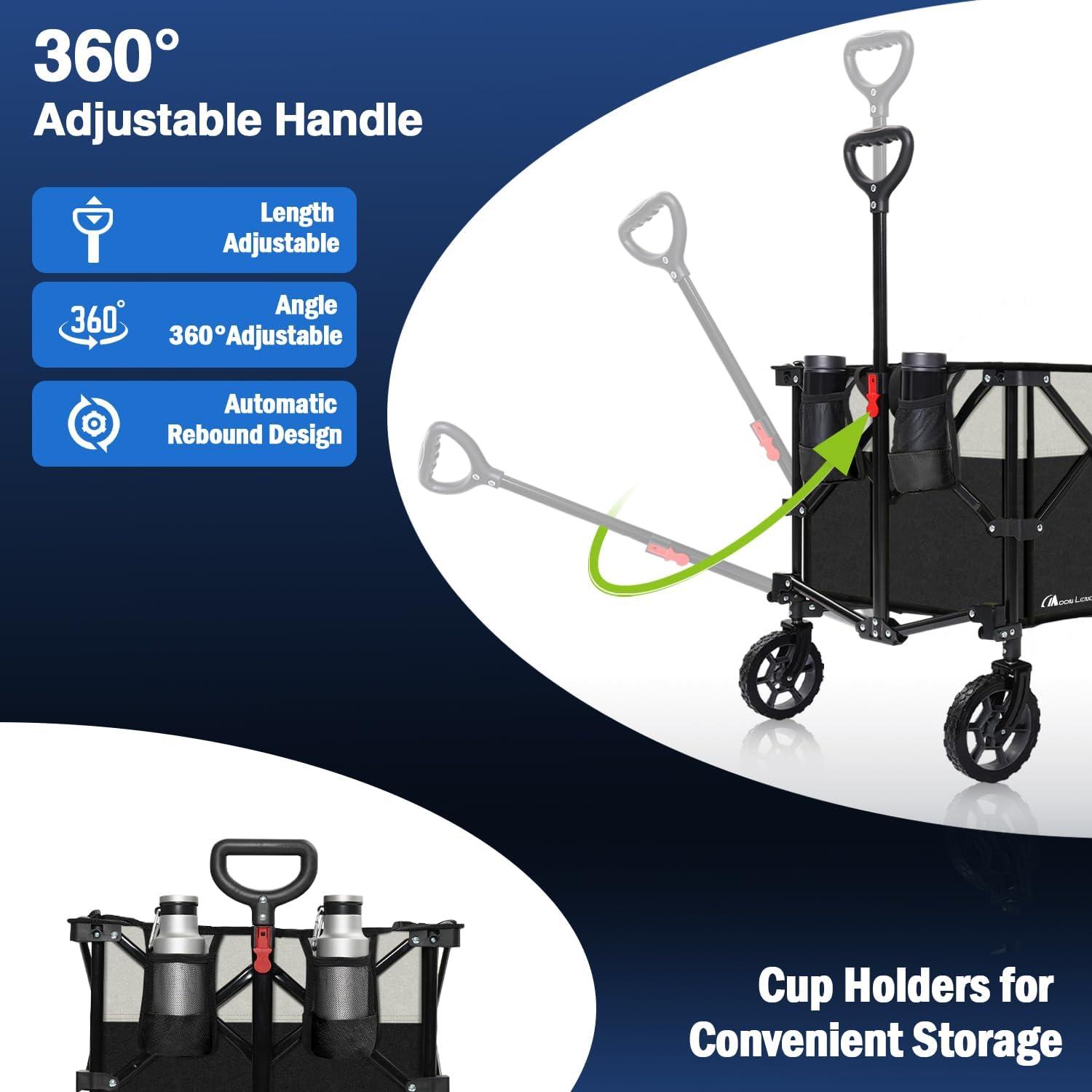 image:imageMoon Lence Collapsible Folding Wagon Cart Heavy Duty Folding Garden Portable Hand Cart with AllTerrain Beach Wheels Adjustable Handle amp Drink Holders Black amp Ivory