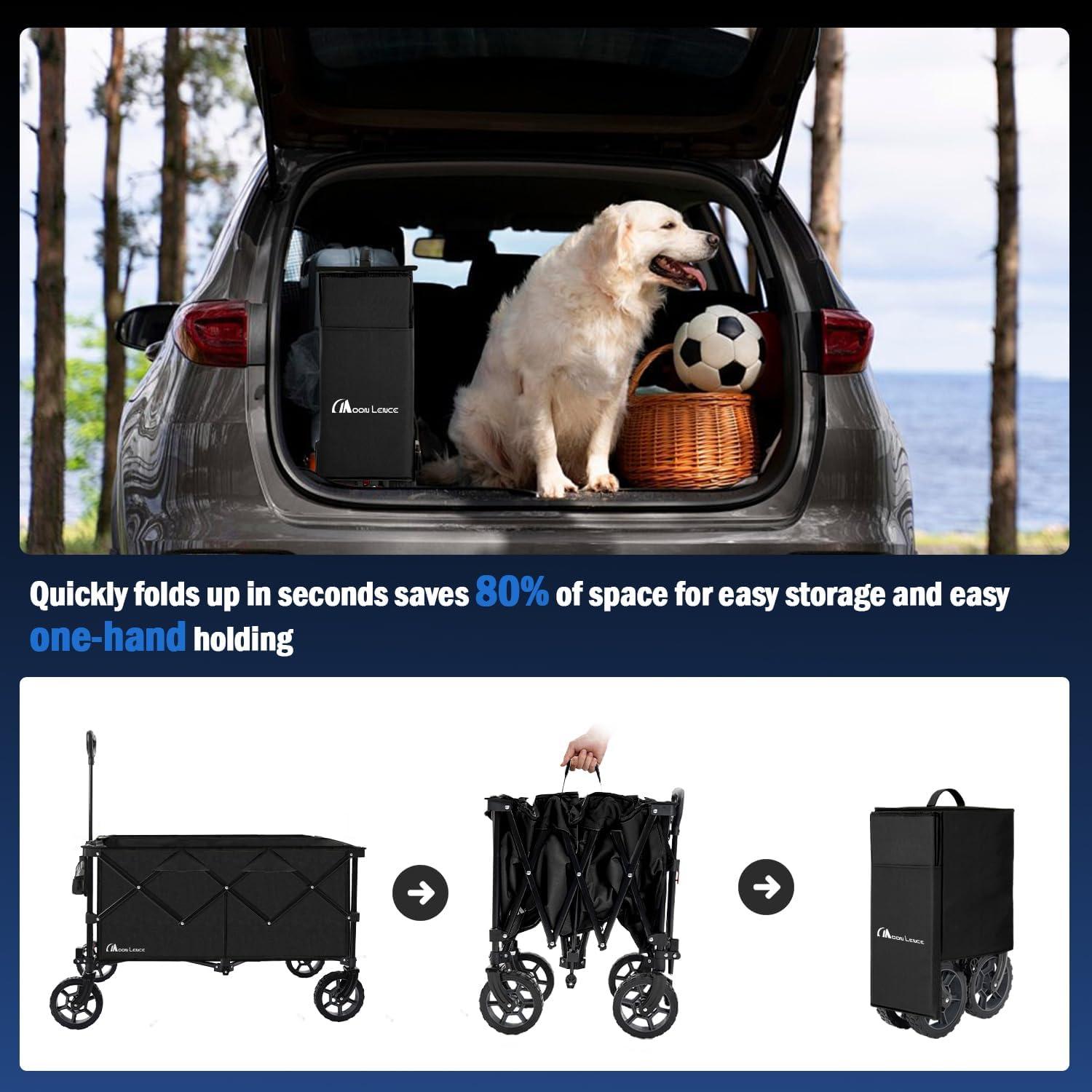 image:imageMoon Lence Collapsible Folding Wagon Cart Heavy Duty Folding Garden Portable Hand Cart with AllTerrain Beach Wheels Adjustable Handle amp Drink Holders Black