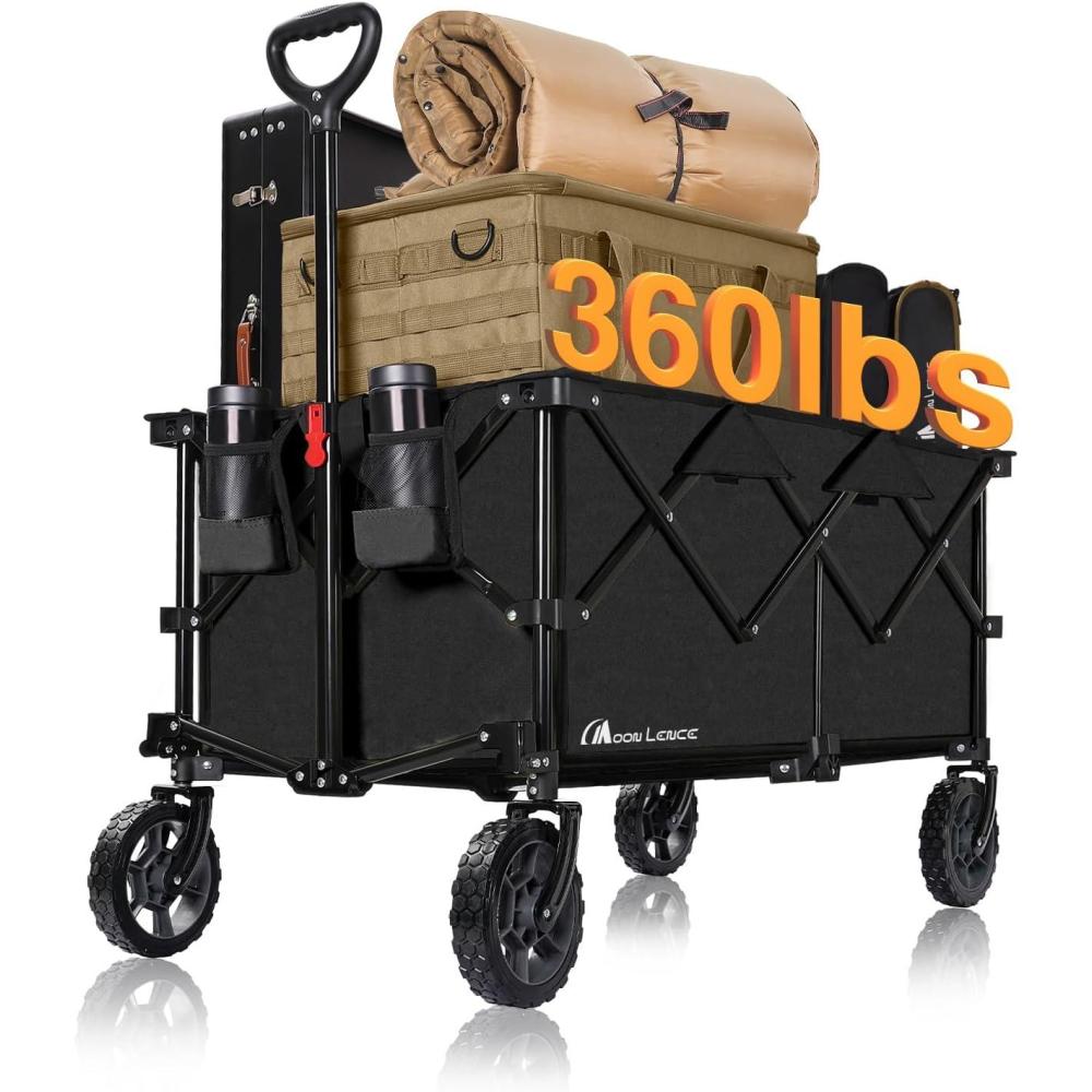image:imageMoon Lence Collapsible Folding Wagon Cart Heavy Duty Folding Garden Portable Hand Cart with AllTerrain Beach Wheels Adjustable Handle amp Drink Holders Black