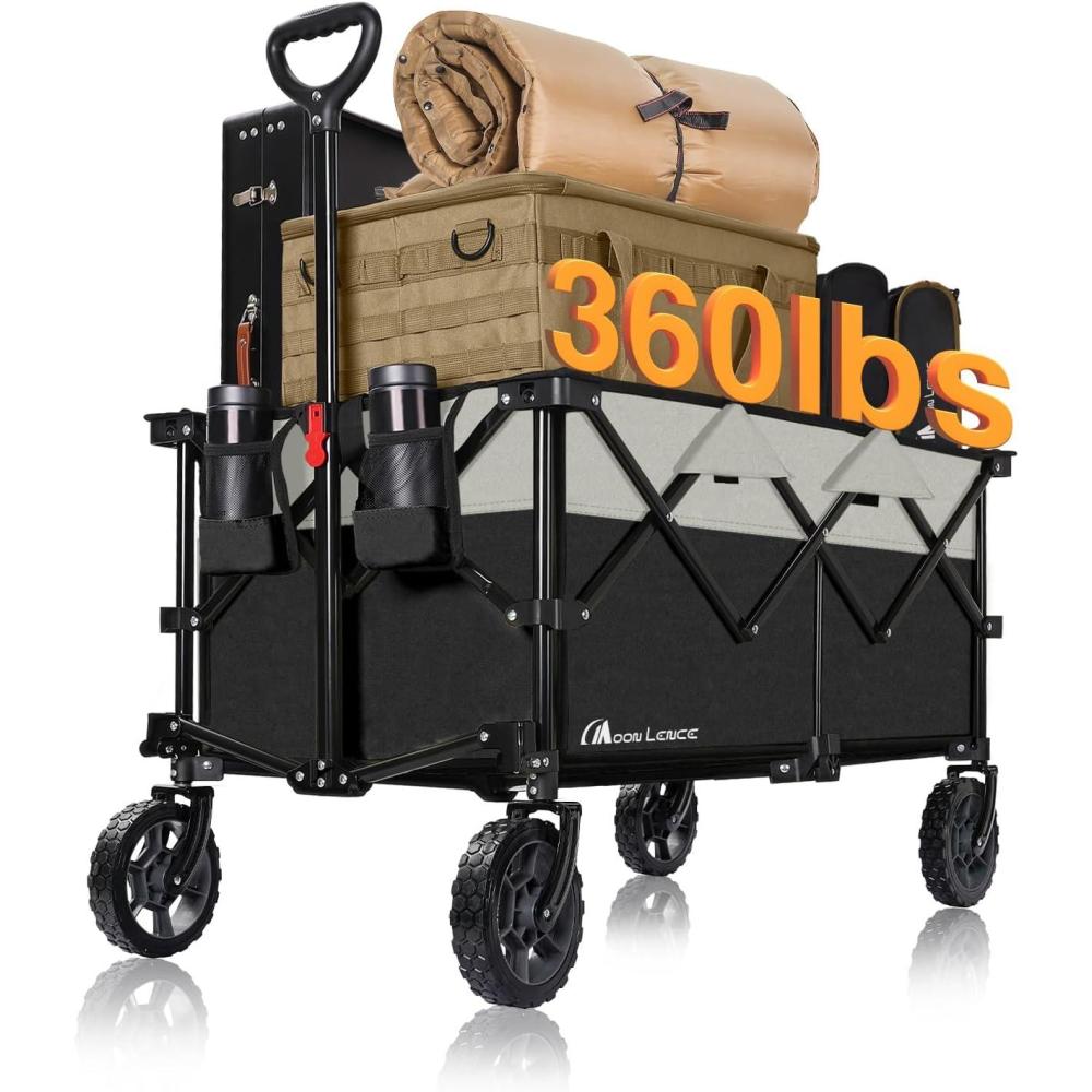 image:imageMoon Lence Collapsible Folding Wagon Cart Heavy Duty Folding Garden Portable Hand Cart with AllTerrain Beach Wheels Adjustable Handle amp Drink Holders Black amp Ivory