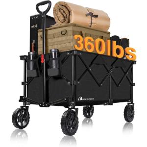 image:imageMoon Lence Collapsible Folding Wagon Cart Heavy Duty Folding Garden Portable Hand Cart with AllTerrain Beach Wheels Adjustable Handle amp Drink Holders Black