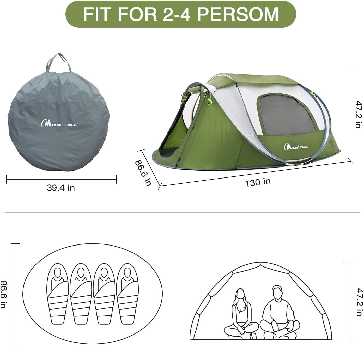 image:imageMoon Lence Pop up Tent Instant Tent 2 3 4 Person Camping Tent Waterproof Tent for Family Easy Setup with 3 Mesh Windows and 2 Big Doors